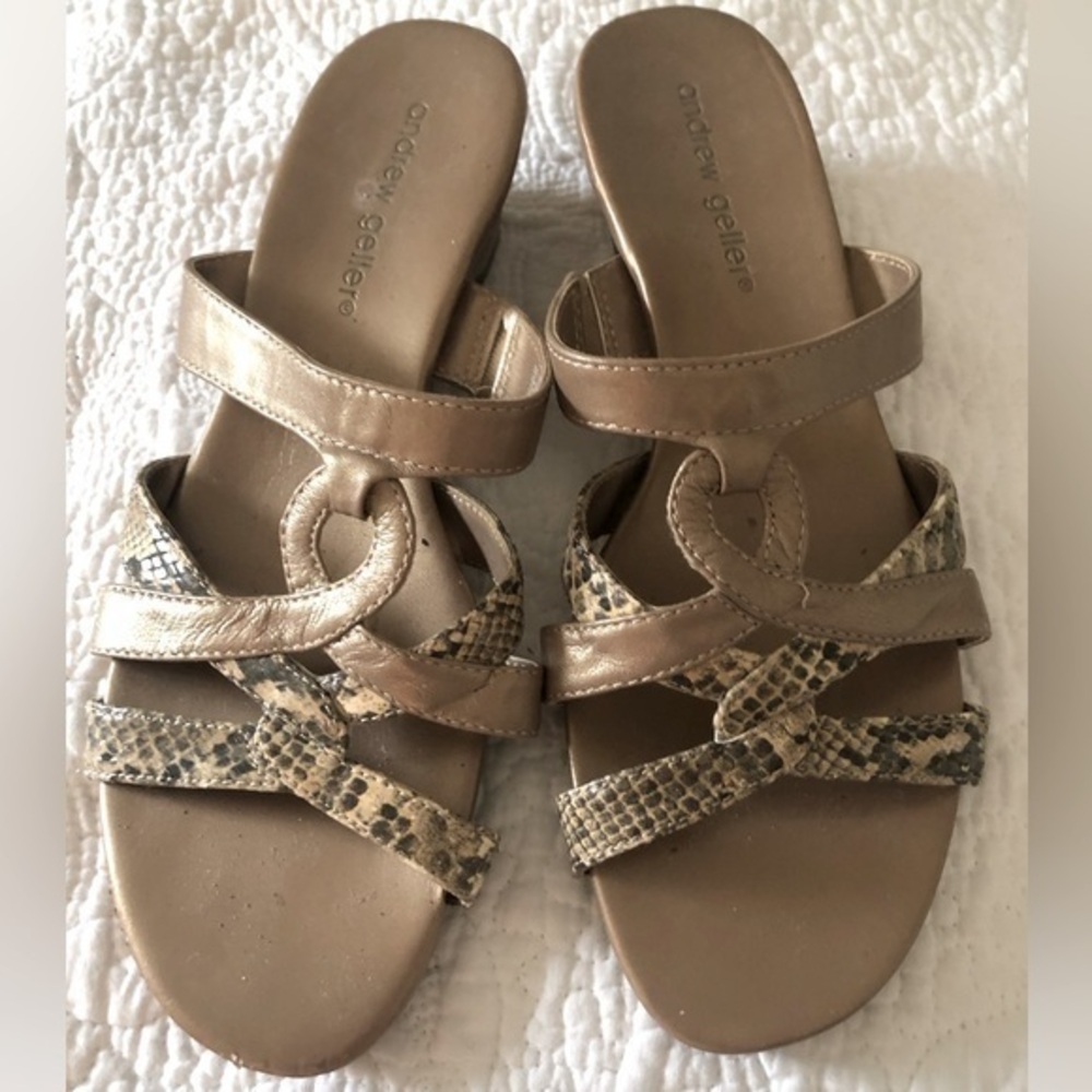 Andrew Geller Tan leather strap, he low wedge slide sandal 6